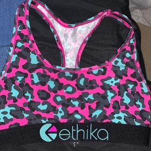 pink,teal,and black cheetah print sports bra